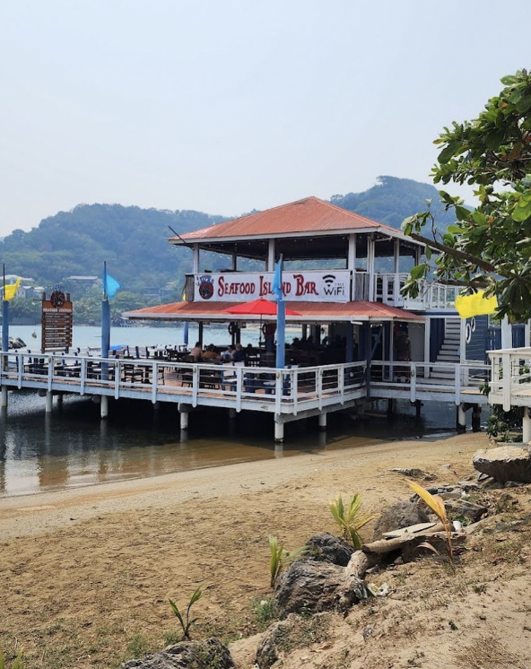 Captain Jack's Seafood Island Bar built on stilts over the Caribbean Sea